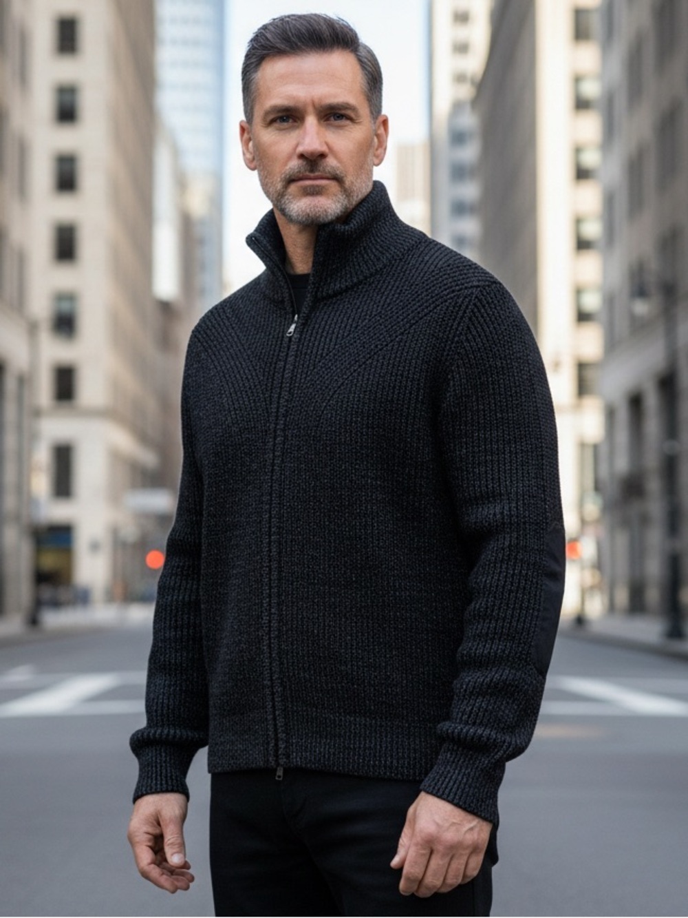 Bass Outdoor Black Knit Zip-Up Sweater with Elbow Patches